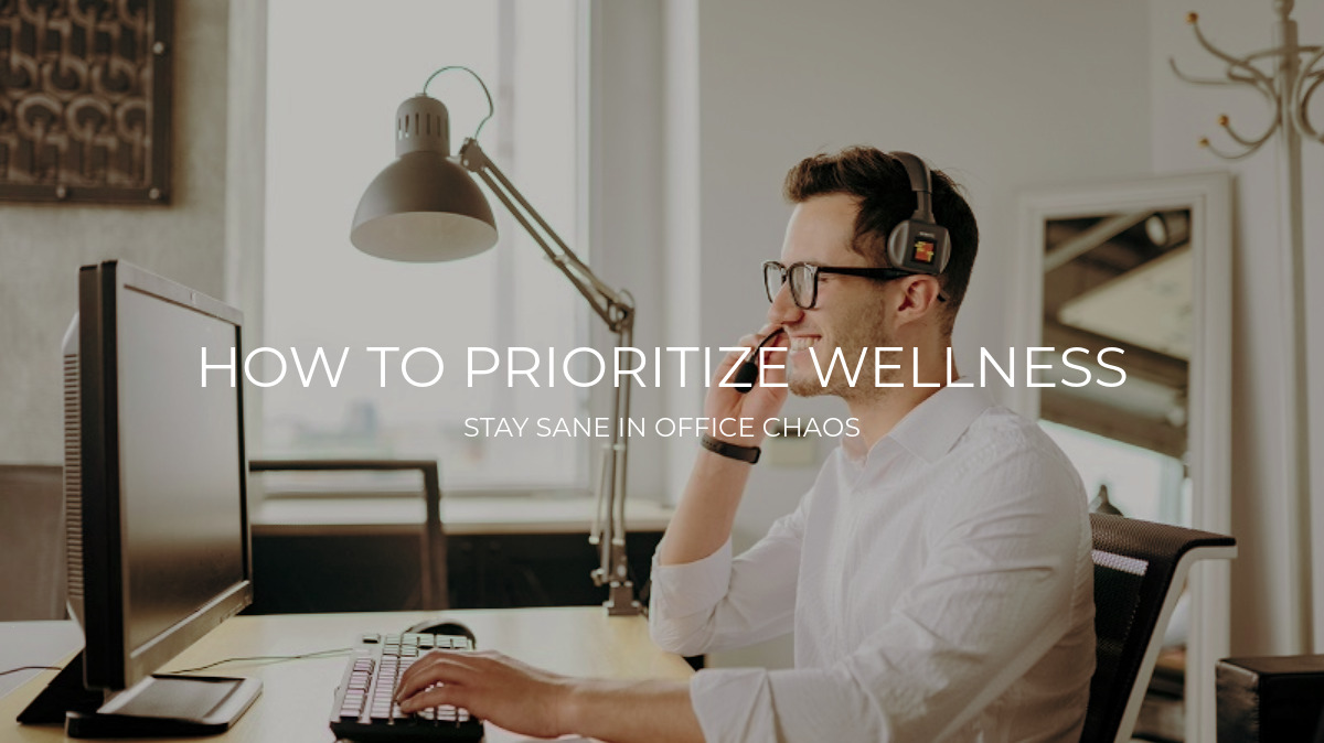 Office worker stretching at desk to prioritize wellness and reduce stress