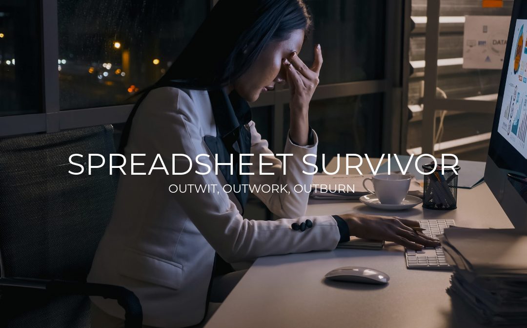 Cluttered office desk with spreadsheets, coffee mug, and stressed worker symbolizing corporate survival