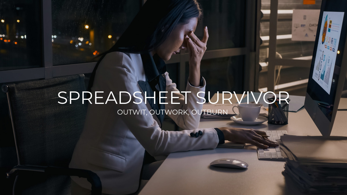 Cluttered office desk with spreadsheets, coffee mug, and stressed worker symbolizing corporate survival