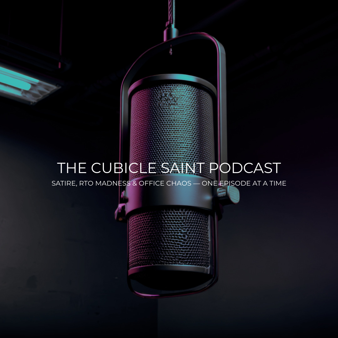 The Cubicle Saint Podcast – Office Satire & Workplace Humor Microphone and coffee on office desk — The Cubicle Saint Podcast workspace